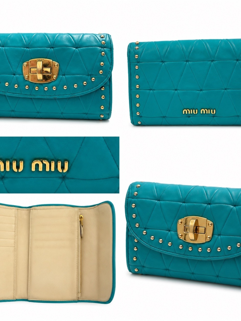 Miu Miu Teal Matelassé Studded Leather Turn-Lock Continental Wallet Rare!